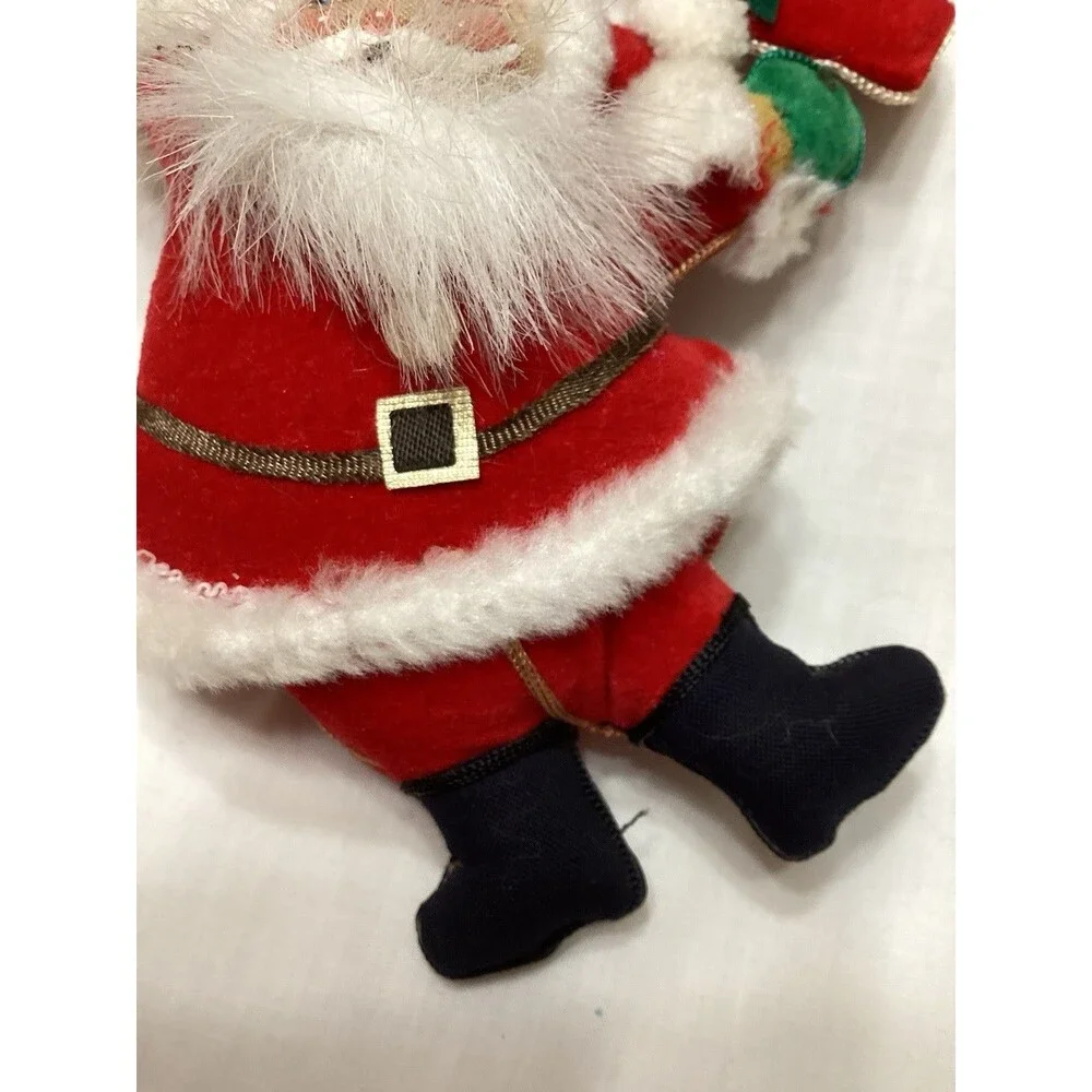 Vtg Santa Claus Red Velvet Plush Fur Xmas Hanging Tree Ornament W/ Noel Sign